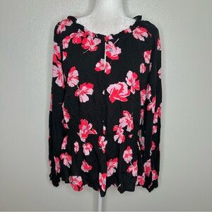 New Popsugar Womens Black & Red Floral Long Sleeve Top. Louse Size XL NWT